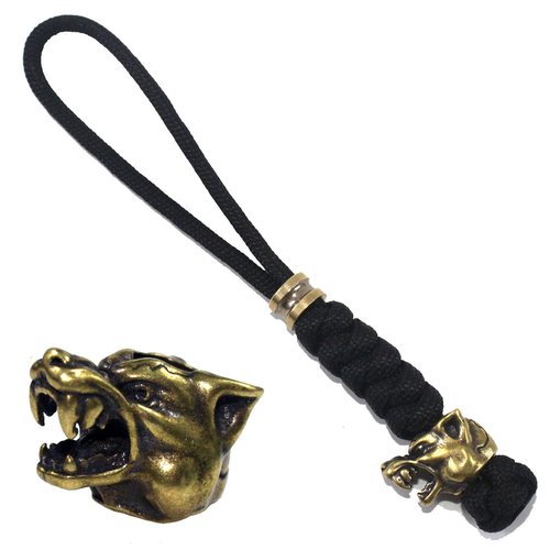 Paracord Knife Lanyard With Brass Wolf-head Bead Paracord Lanyard for Knife EDC Tools Tactical Lanyards (Black, 5 INCHES)