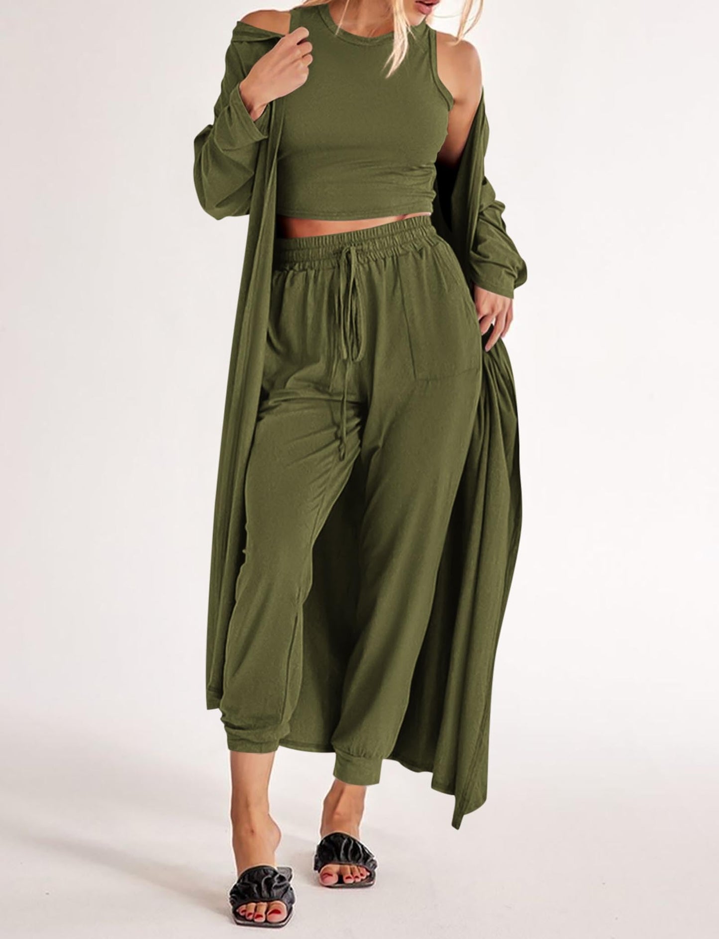 KIRUNDO 3 Piece Lounge Sets for Women Airport Travel Vacation Outfits 2026 Fall Cardigan Matching Sleeveless Top Jogger Pants