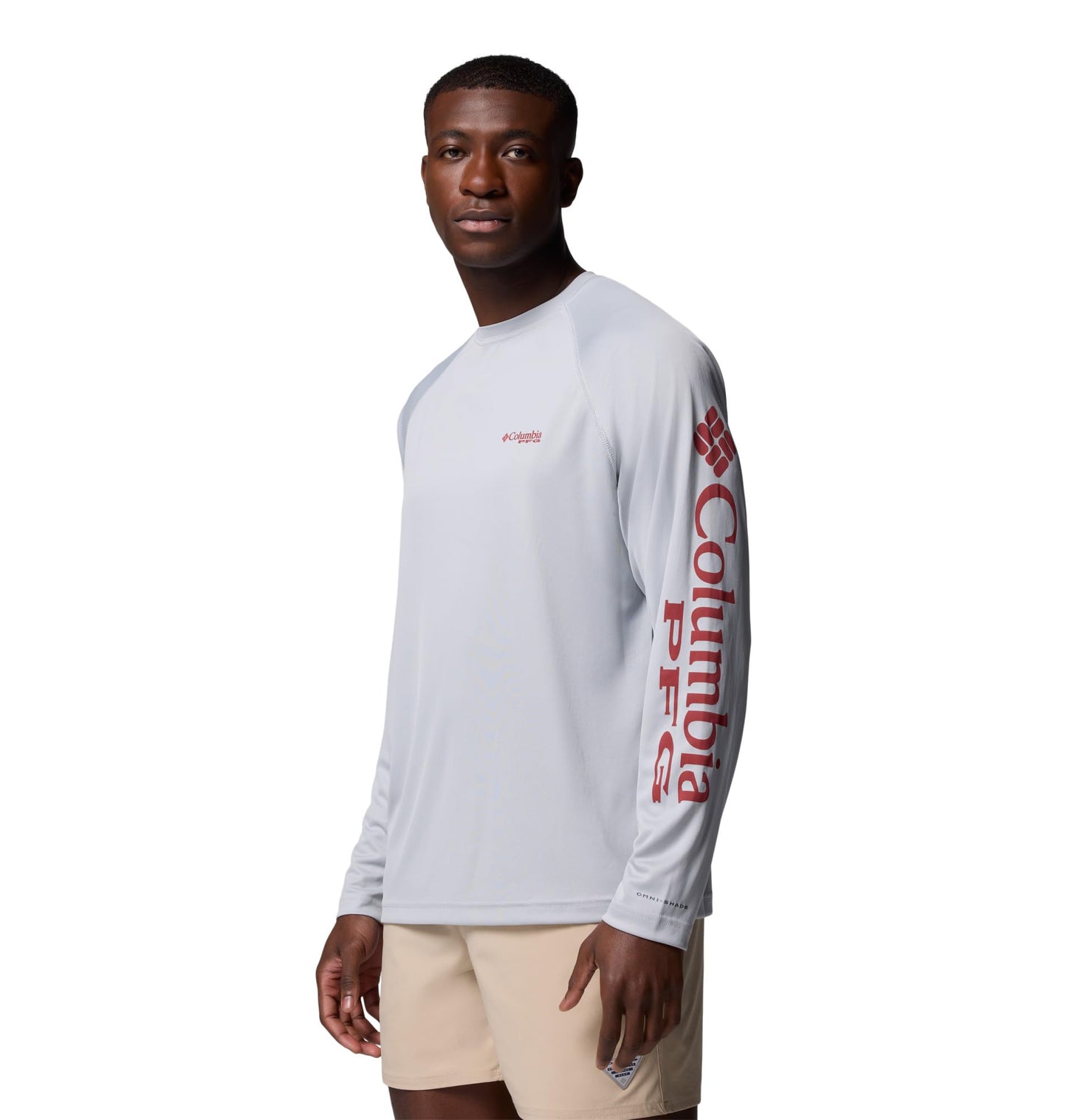 Columbia Men's PFG Terminal Tackle Long Sleeve Fishing Shirt, Cool Grey/Dusty Crimson Logo, 6X