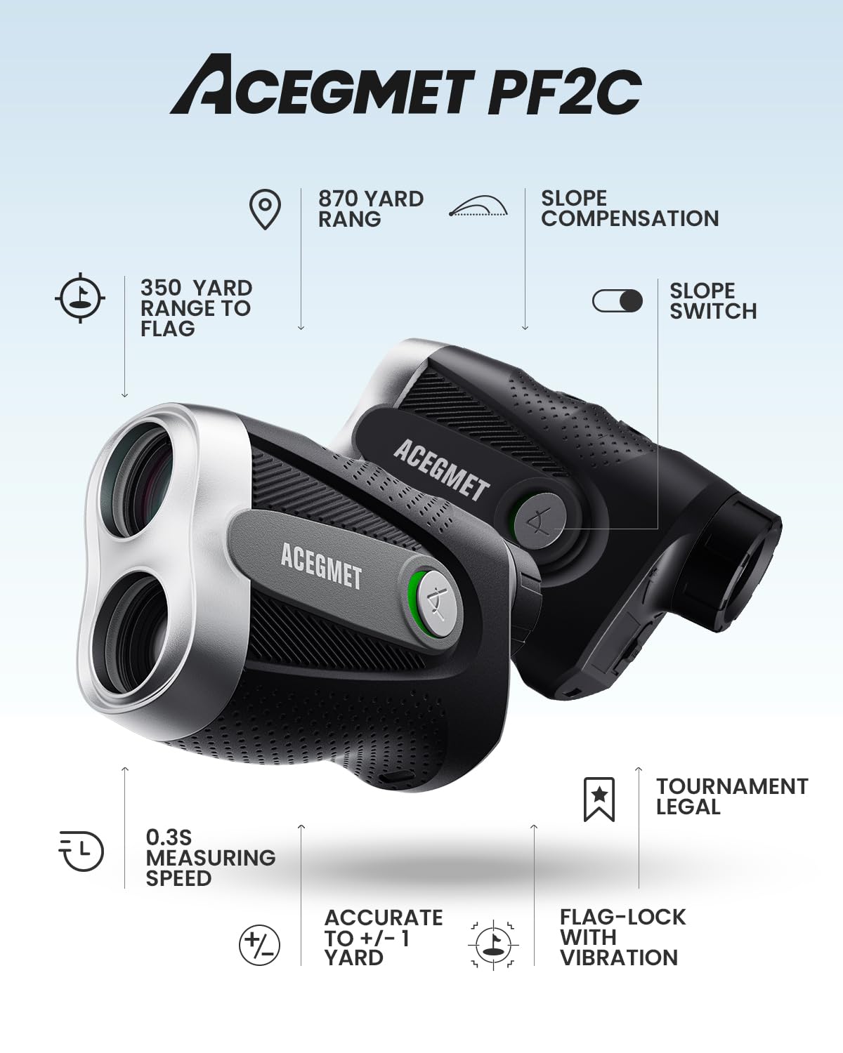 ACEGMET PF2C Golf Rangefinder with Slope, 0.3s Flag Pole Locking Vibration, ±1yd Accuracy, 870 Yards Rechargeable Laser Range Finder Golf, Golf Accessories for Men