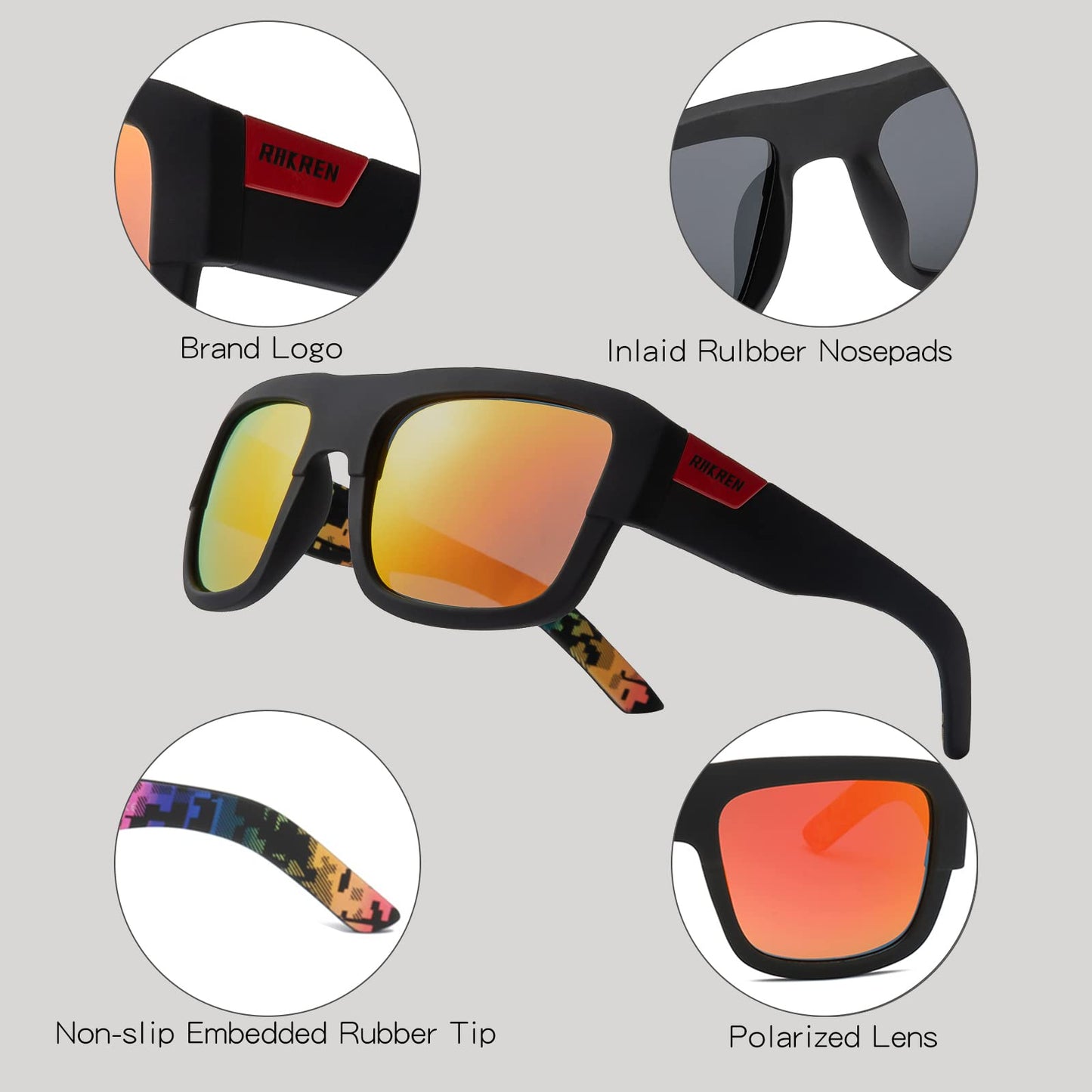 RAKREN Square Polarized Sunglasses for Men and Women Classic Driving Sports Sunglasses Men 100% UV Protection Goggles R03(Black Red)