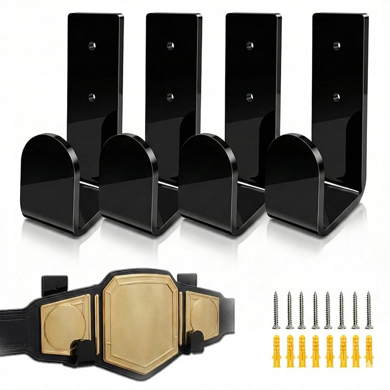 4Pack Black Acrylic Championship Belt Wall Mount Display Hangers – Minimalist Floating Belt Racks