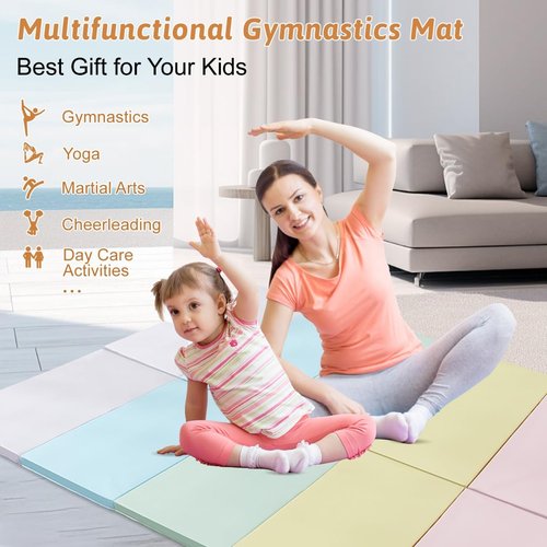 Wansenya 5 Folding PU Gymnastics Mats for Tumbling,Foldable Exercise Tumble Mat for Home Gyms,Durable Gymnastics Tumbling Mats with Carrying Handles for Home Activity Play,Macaron Color