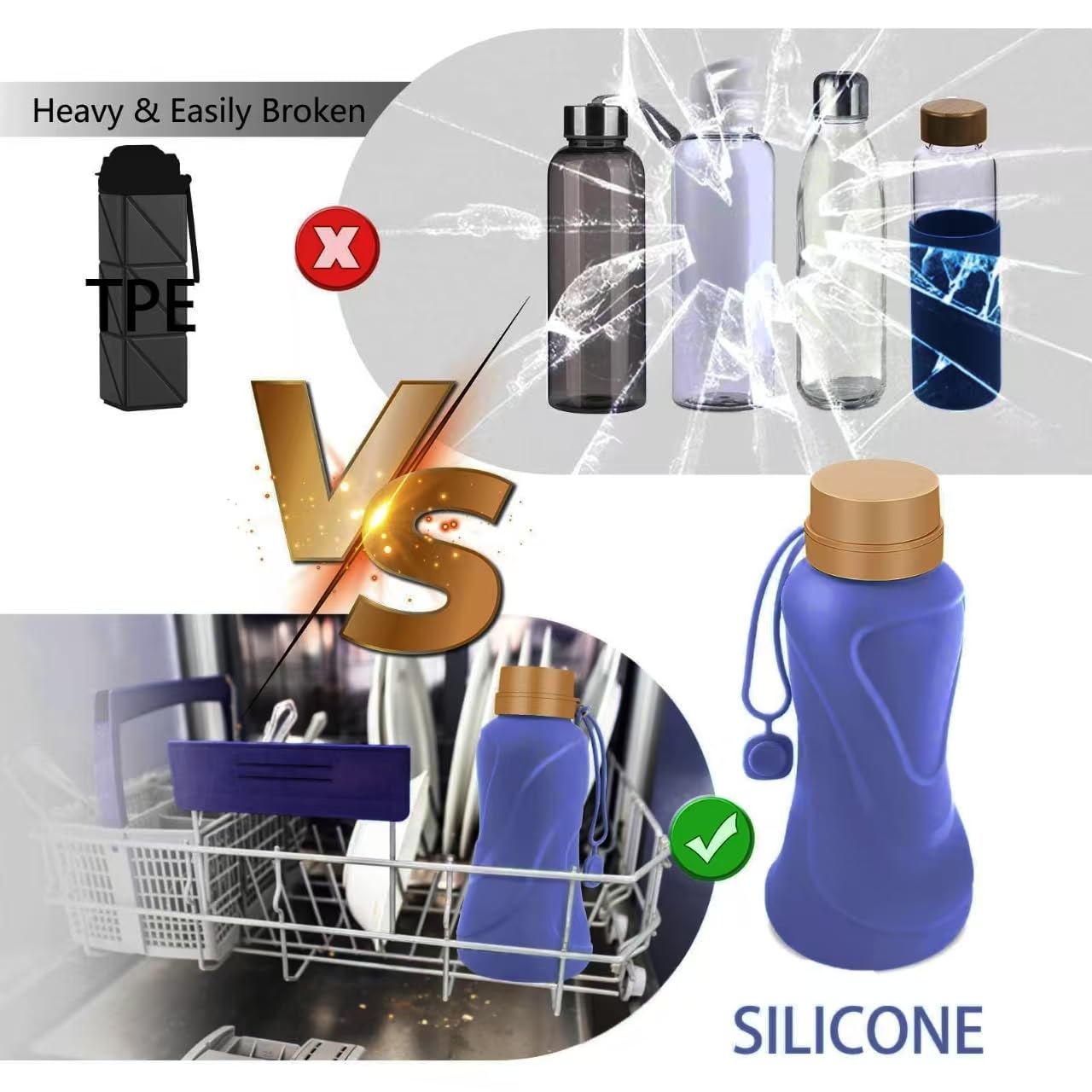 Collapsible Water Bottles,650ml,Leak Proof,Reuseable BPA Free Silicone Foldable Water Bottles,Durable Lightweight for Travel Gym Camping Hiking,Compact Size Portable Sports Water Bottle (Deep Blue)