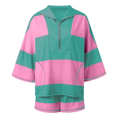Womens 2 Piece Workout Sets,Summer Striped Quarter Zip Shirt and Shorts Activewear Outfit,Oversized Going Out Lounge Set,Dark Green,M