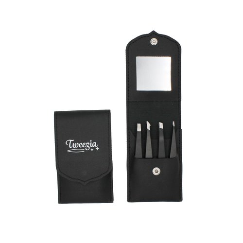 TWEEZIA Stainless Steel Tweezer Set - 4 Precision Tweezers with Mirror & Leather Case - Ideal Eyebrow Kit, Ingrown Hair Tweezers, Splinter Removal Kit or Pointed Tweezers for Beauty and Personal Care