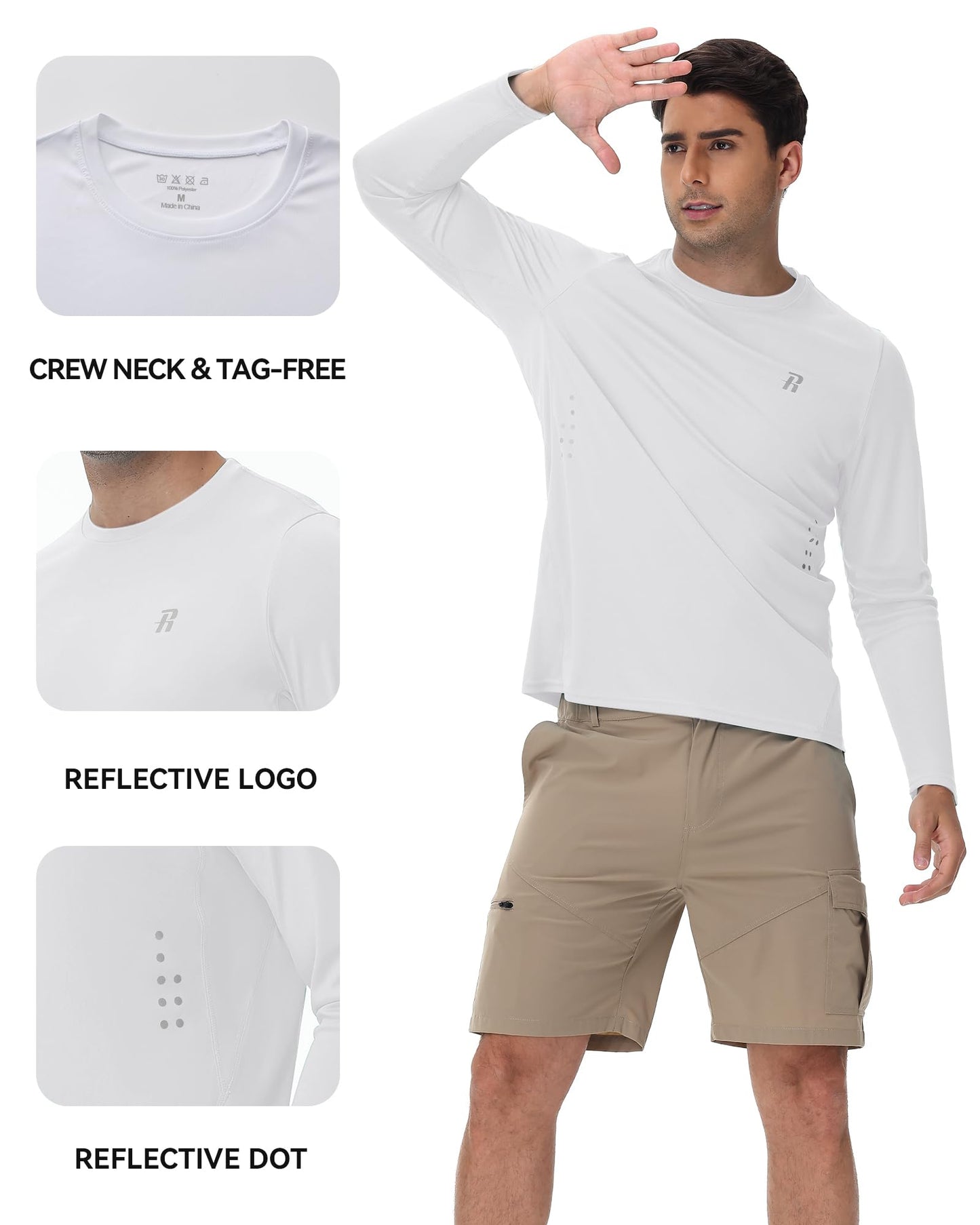Runhit Men's UPF 50+ Sun Protection Shirts Long Sleeve UV Swim Shirt Fishing Hiking Running Rash Guard Quick Dry Lightweight White L