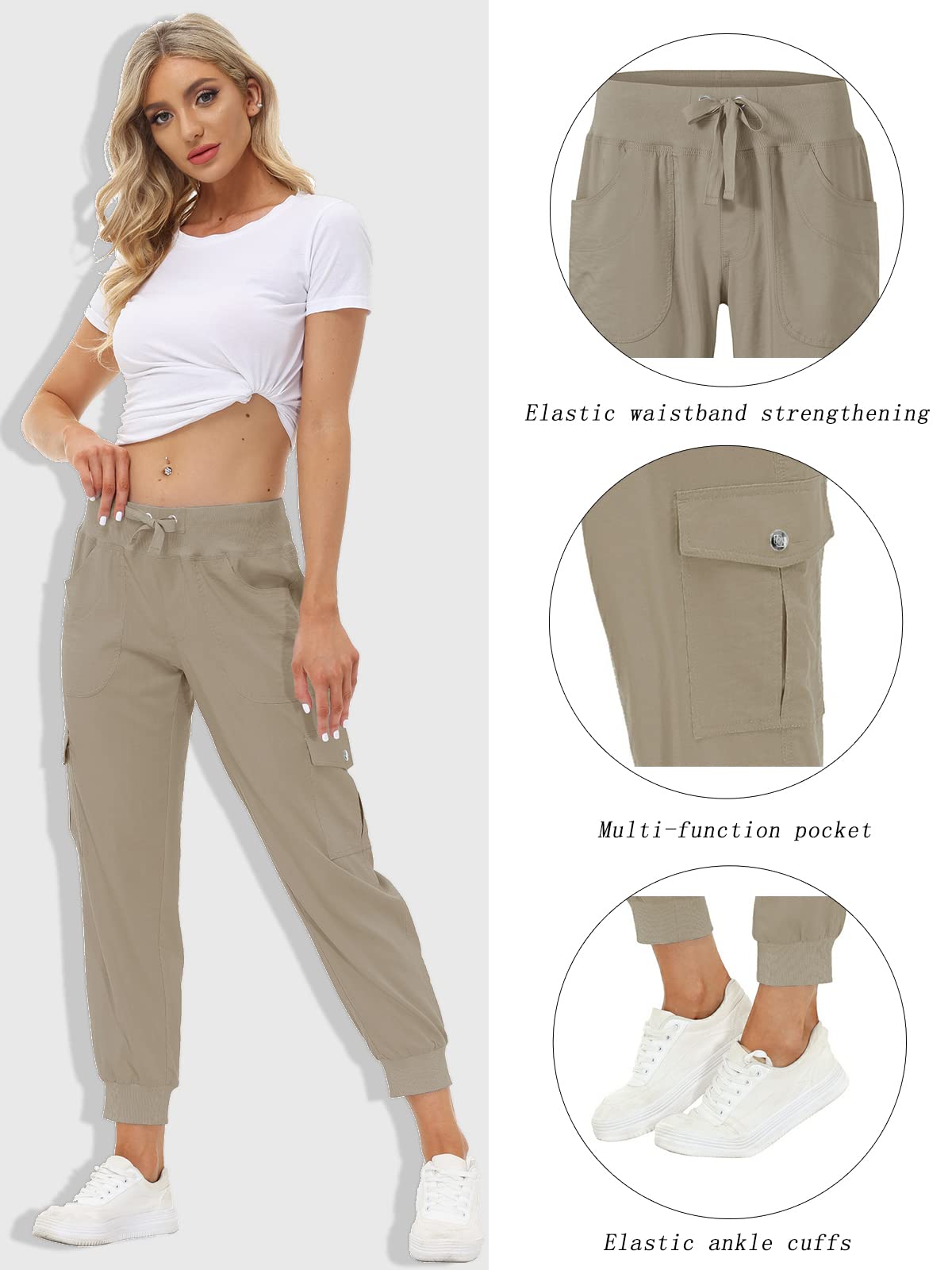 MoFiz Women's Cargo Pants Hiking Joggers Summer Lightweight Quick Dry Athletic Outdoor Sports Sweatpants Travel Casual Button Pockets Khaki 2XL