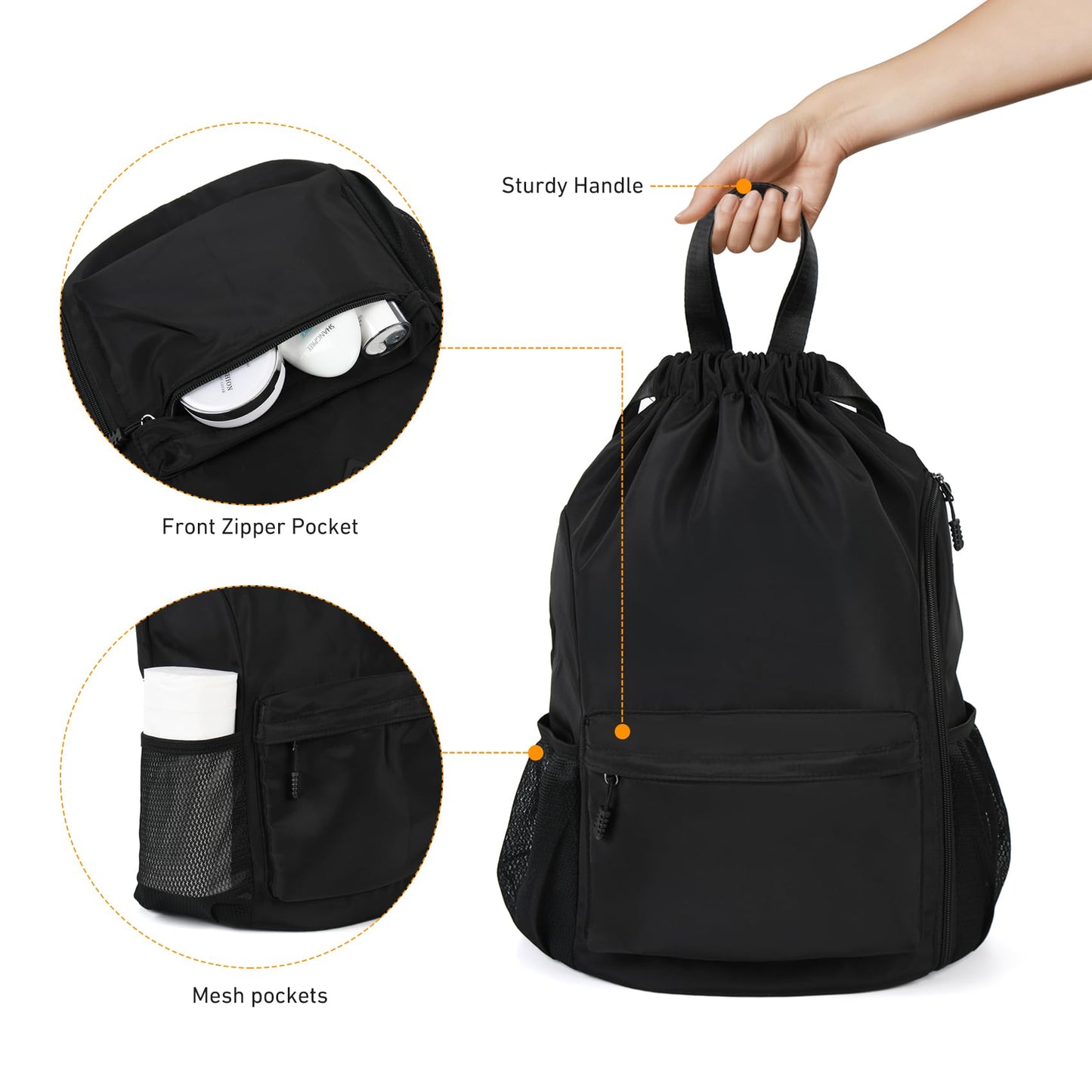 Valleycomfy Waterproof Drawstring Gym Backpack Bag for Men & Women,Sports Gym Bag with Side Pocket Black