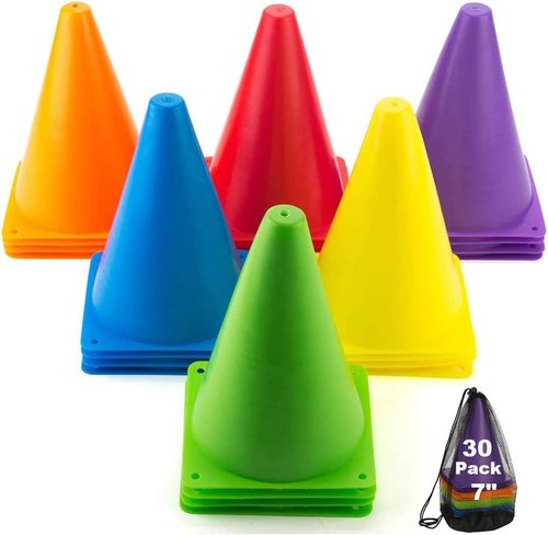 Faswin 30 Pack Soccer Cones, 7 Inch Colored Cones for Sports, Traffic Cones Training Agility Field Marker Plastic Cone for Skating, Football, Games, Indoor Outdoor Activity & Festive Events, 6 Colors