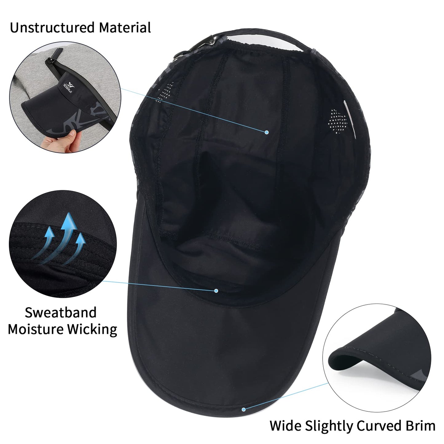 Qlauca Running Hat Mesh Quick Dry Hat Baseball Cap for Women Men Black