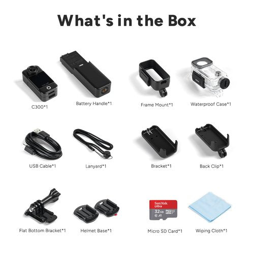 SJCAM C300 Pocket Action Camera 4K,7Hour Power, 6-Axis Stabilizer, Dual-Touch Screen Body Camera, 30M Waterproof,for Vlogging and Live Streaming, with Accessories Kits, Black,Gifts,with 64G Card