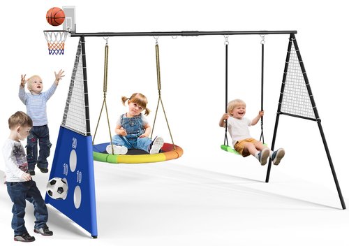 660 lbs Swing Sets for Backyard,4-in-1 Heavy Duty Outdoor Large Metal Swing Sets for Kids with 2 Swings,Trapeze Bar, Soccer Goals and Basketball