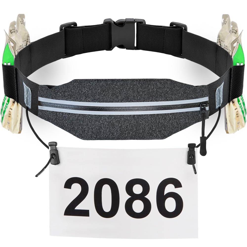 RJ-Sport Triathlon Belt with Pouch - Race Number Bib Holder with 6 Gel Loops, Ideal for Running, Cycling & Marathon (Grey)