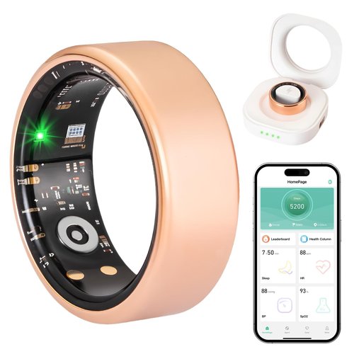 Smart Rings for Women Men, Smart Ring Tracker with Blood Oxygen/Blood Pressure/Heart Rate/Sleep Monitor/Step Counter/Gesture Control/IP68 Waterproof Fitness Tracker, Stainless Steel (Rose Gold, 8#)