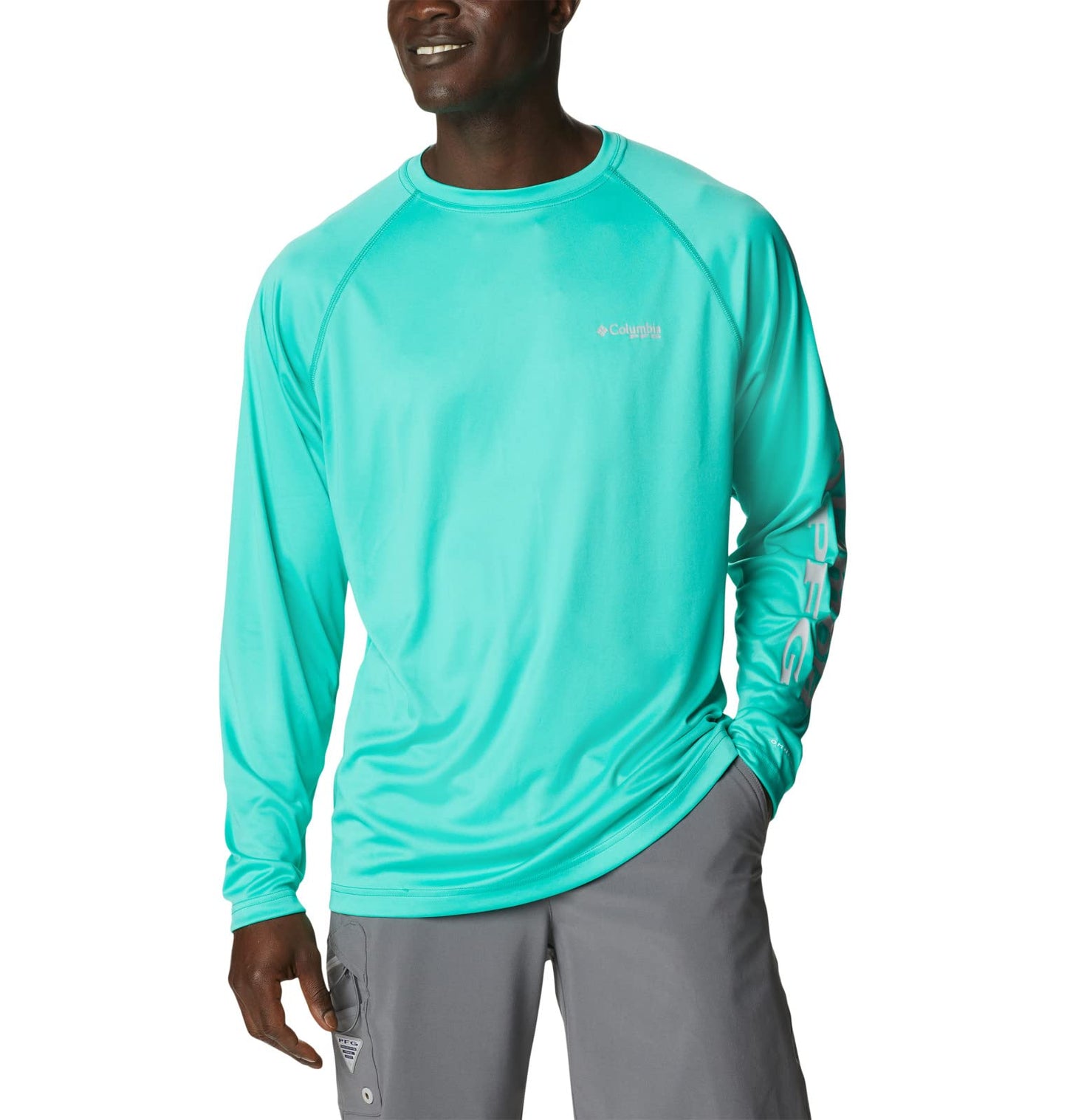 Columbia Men's Terminal Tackle Long Sleeve Shirt, Electric Turquoise/Cool Grey Logo, XX-Large