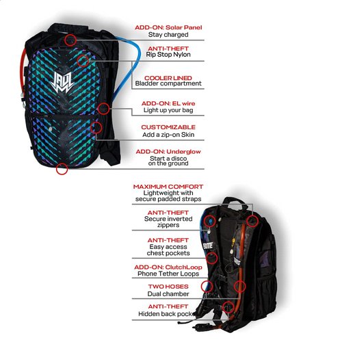 RAVERUNNER® Anti Theft Rave Bag (3M Reflective)- Dual Chamber Hydration - 3L Insulated Water Backpack for Raves, Festivals, Hiking, Running - Festival Bag for Hydration Backpack Rave