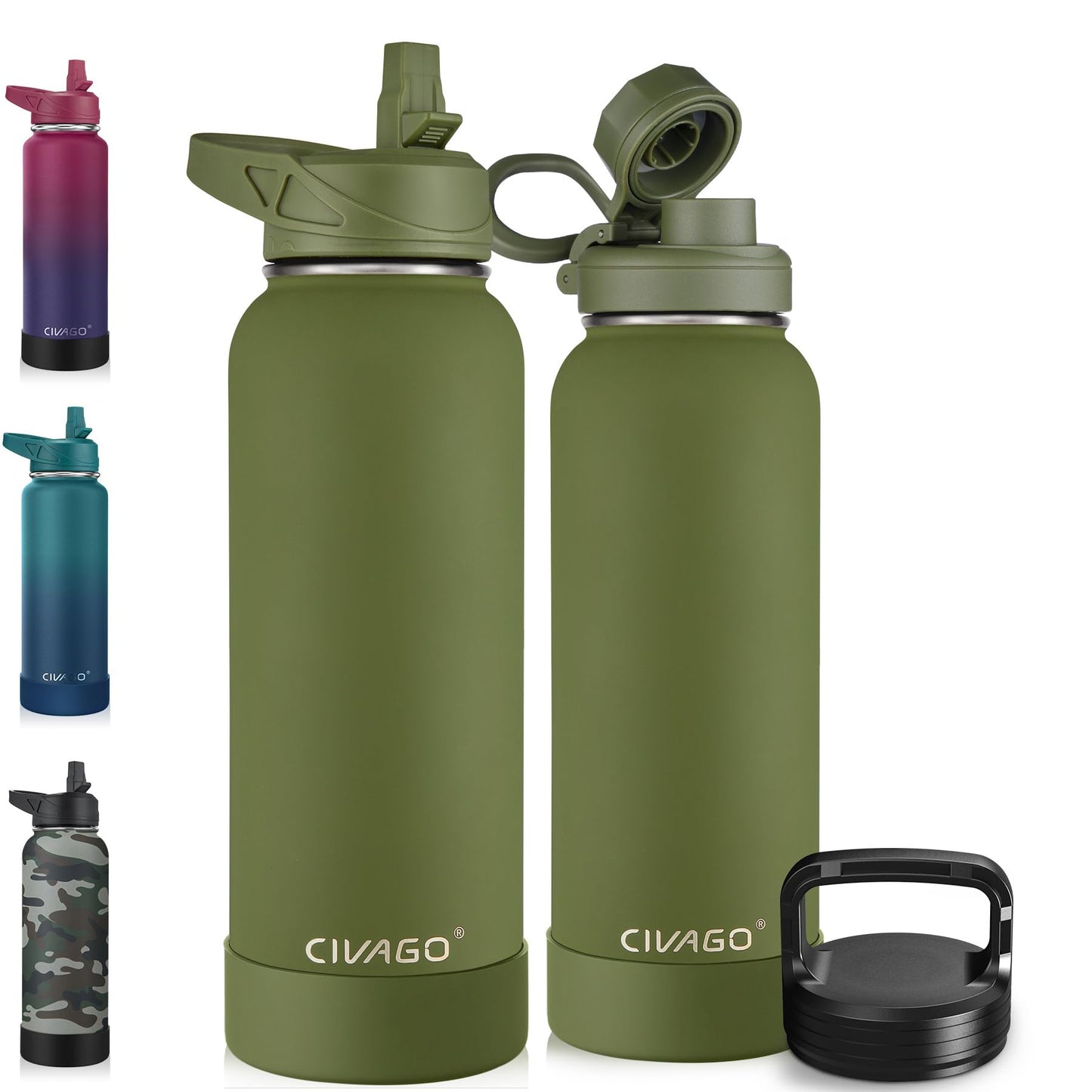 CIVAGO 40 oz Insulated Stainless Steel Water Bottle With Straw and 3 Lids