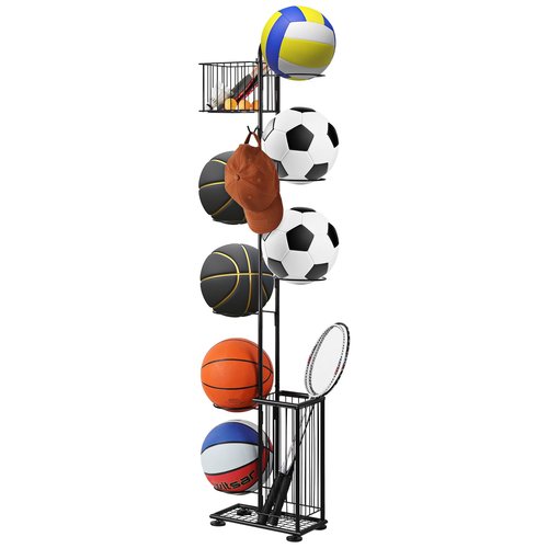 Basketball Ball Storage Rack 7 Tier Standing Basketball Holder Vertical Garage Ball Storage Ball Sports Equipment Storage Organizer with Baskets and Hooks for Volleyball Football Badminton, Black