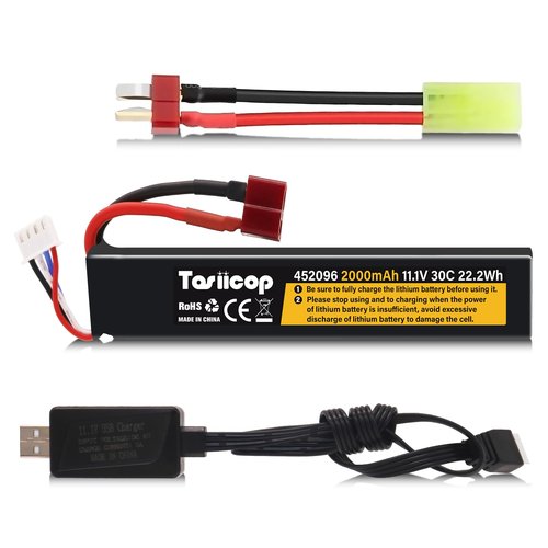 Tosiicop 11.1V Airsoft Battery 2000mAh - Lipo Batteries 30C & XH-4P Connector with T Plug to Mini Tamiya Conversion Cable Rechargeable USB Charger for Airsoft Model Rifle Gel Blaster Accessories