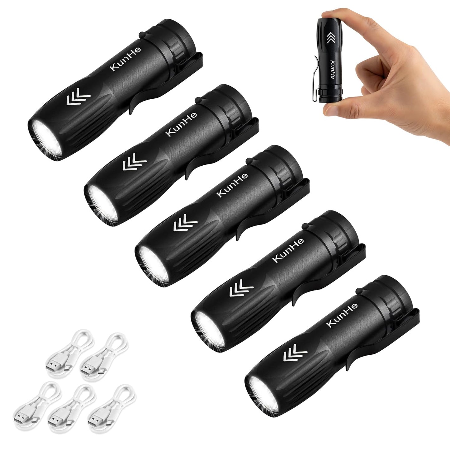 KunHe 5 Pack Mini Flashlight Rechargeable Bulk USB-C Small High Lumen Flashlight Single Mode - Simple On/Off Operation, Clip-on Portable Pocket Flash Light for EDC Emergency Home Use