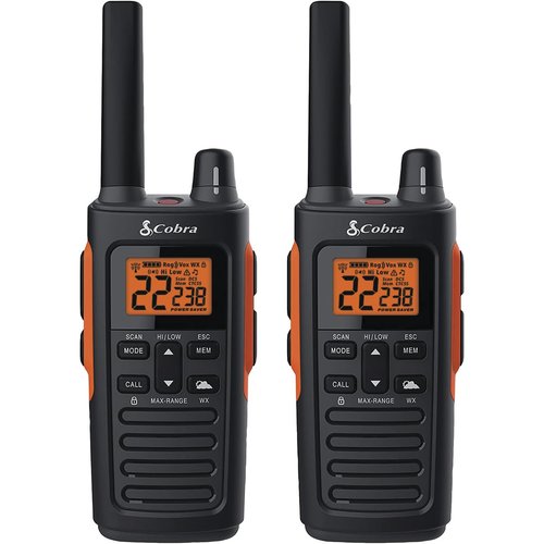 Cobra RX680 Walkie Talkies (2-Pack) - Rugged & Splashproof Two Way Radios Long Range, IP54 Water Resistant Design, 60 Pre-Programmed Channels, Weather Alerts, Included Charging Dock (Black/Orange)
