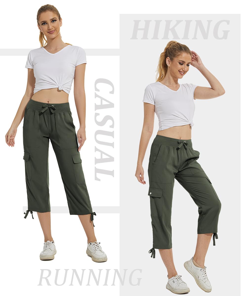 YuKaiChen Women's Capris Hiking Summer Pants Outdoor Athletic Travel Casual Lightweight Quick Dry with Pockets ArmyGreen XL