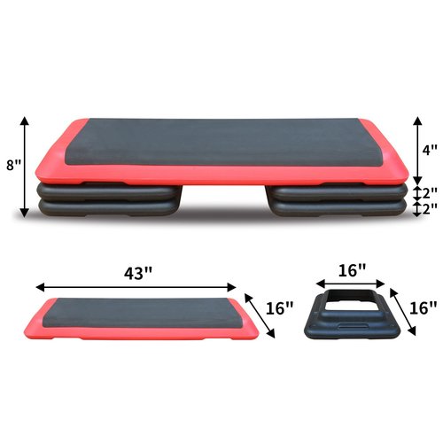 Nirvaer Adjustable Aerobic Step Workout Platform with 4 Risers, Durable Non-Slip Design, Lightweight for Home Fitness, Red and Black