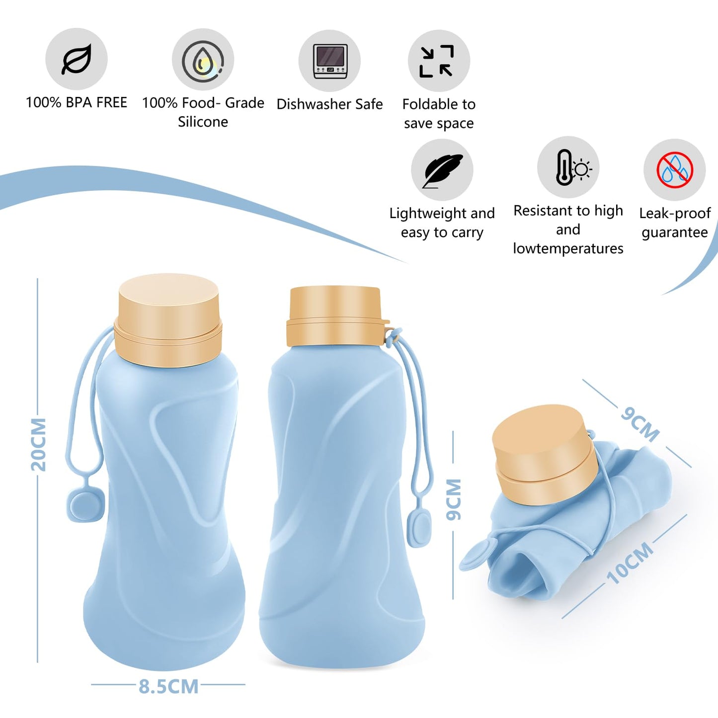 NAVTUE Collapsible Water Bottles,650ml,Leak Proof,Reuseable BPA Free Silicone Foldable Water Bottles,Durable Lightweight for Travel Gym Camping Hiking,Compact Size Portable Sports Water Bottle (Blue)