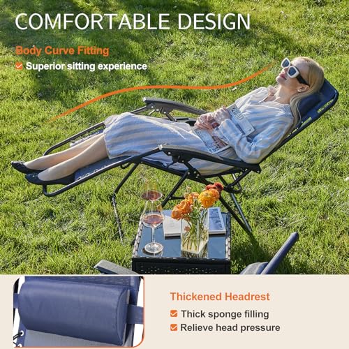 Sweetcrispy Zero Gravity Chairs Set of 2 - Classic Blue Folding Lounge Chairs with Cup Holder & Adjustable Pillow