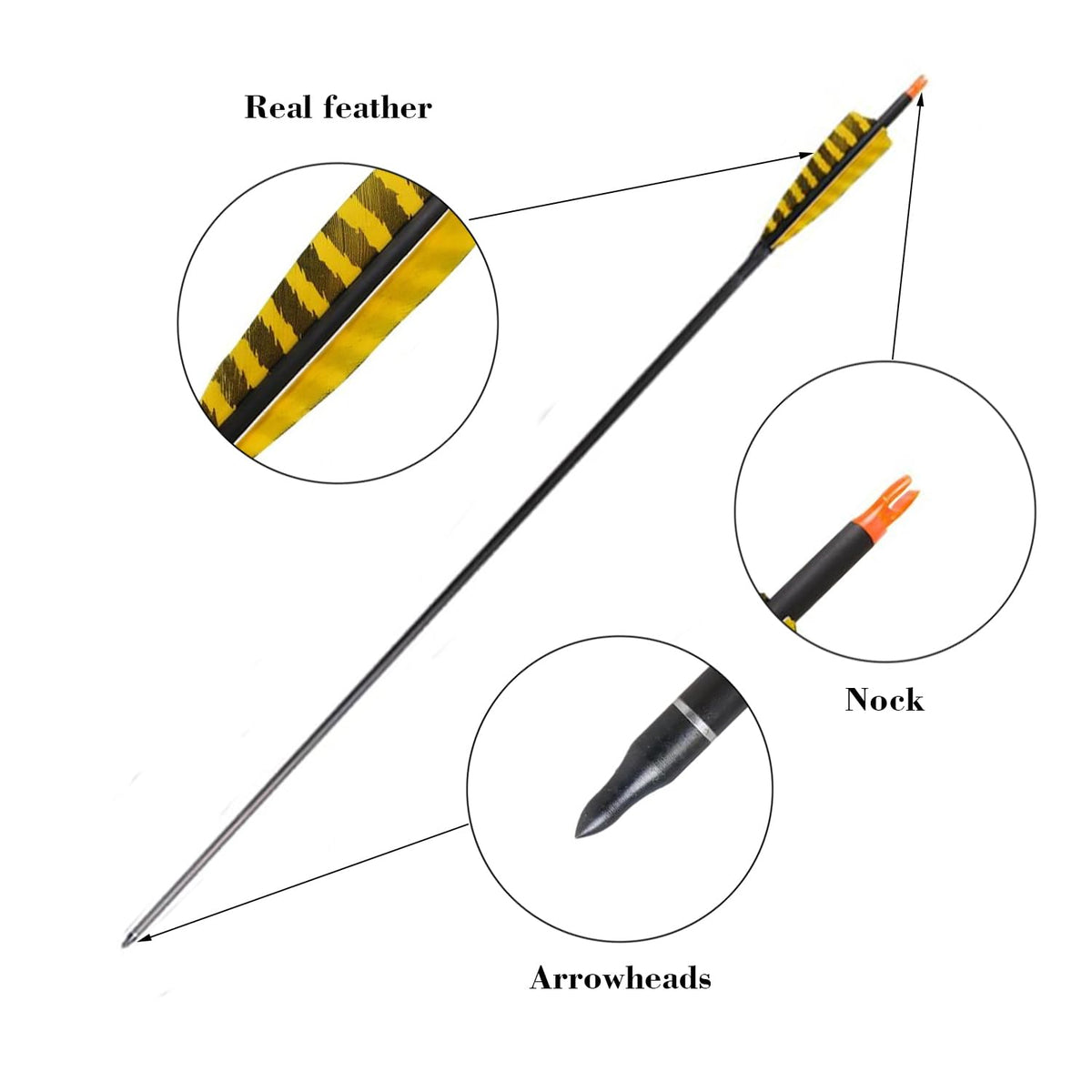 32 Inch Carbon Archery Arrows，Spine 400 with Removable Tips, 4inch Turkey Feather, Hunting and Target Practice Arrows for Compound Bow and Recurve Bow, 6 Pack (Yellow and Black)