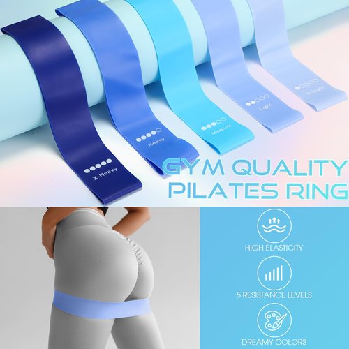 Silipull Set of 6 Pilates Ring and Ball Essentials Kit for Women 14" Circle Yoga Exercise Ball 5 Resistance Bands Stretching Workout at Home Pilates Equipment for Beginner Home Workouts(Blue)