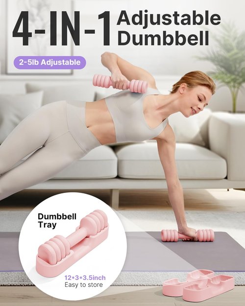 YOTTOY Adjustable Dumbbell Set of 2, 4-in-1 Hand Weights for Women at Home, Compact Free Weights Dumbbells Set with Soft Grip and Base, 2-5 lbs Each for Home Gym (Pink)