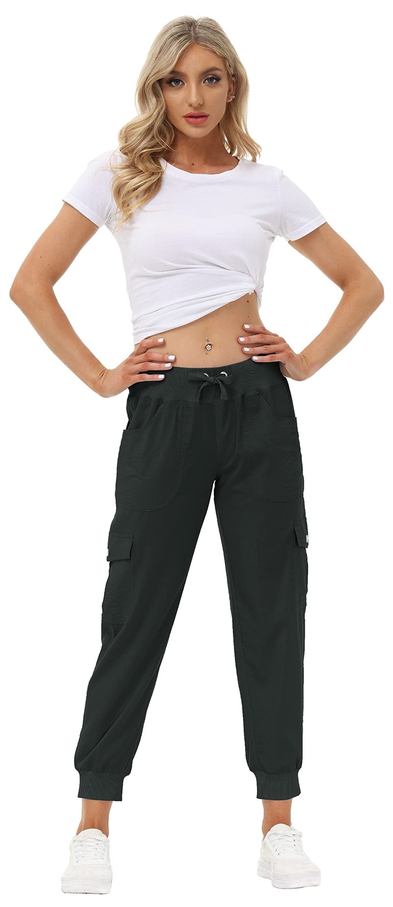 MoFiz Women Cargo Pants with Pockets Lightweight Outdoor Summer Travel Casual Hiking Pants Running Joggers Sweatpants Elastic Waist Dark Grey 2XL