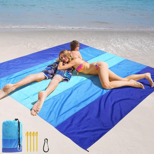 LinaLife Gradient Blue Sandproof Beach Blanket Oversized Sand Free Beach Mat Lightweight Outdoor Picnic Blanket Anchored with 4 corner sand pockets & Plastic Stakes Proof Quick Drying Compact