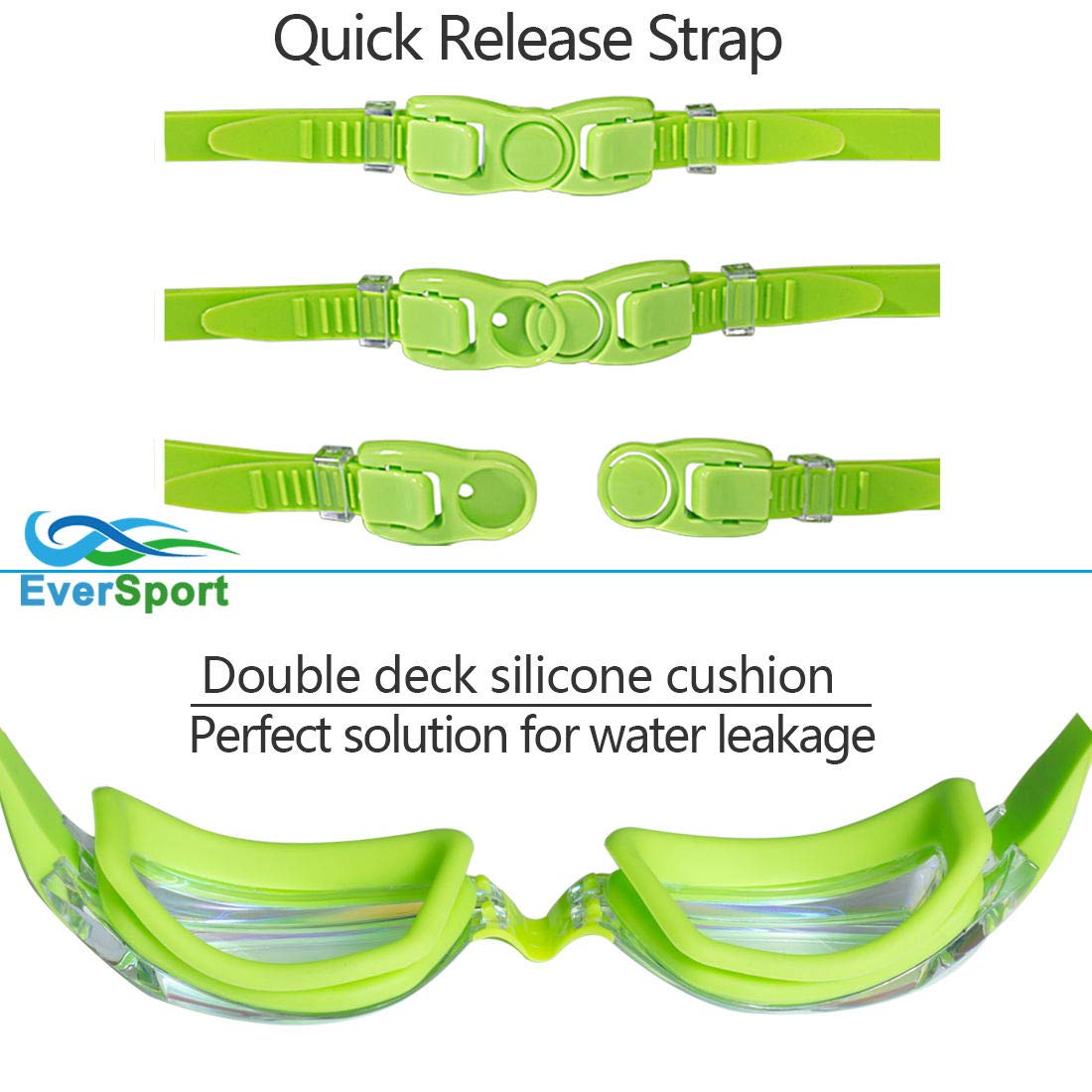 EverSport Kids Portable Swim Goggles, Pack of 2 Swimming Goggles for Children Teens, Anti-Fog Anti-UV Youth Swim Glasses Leak Proof for Age4-16, Green/Black & Green