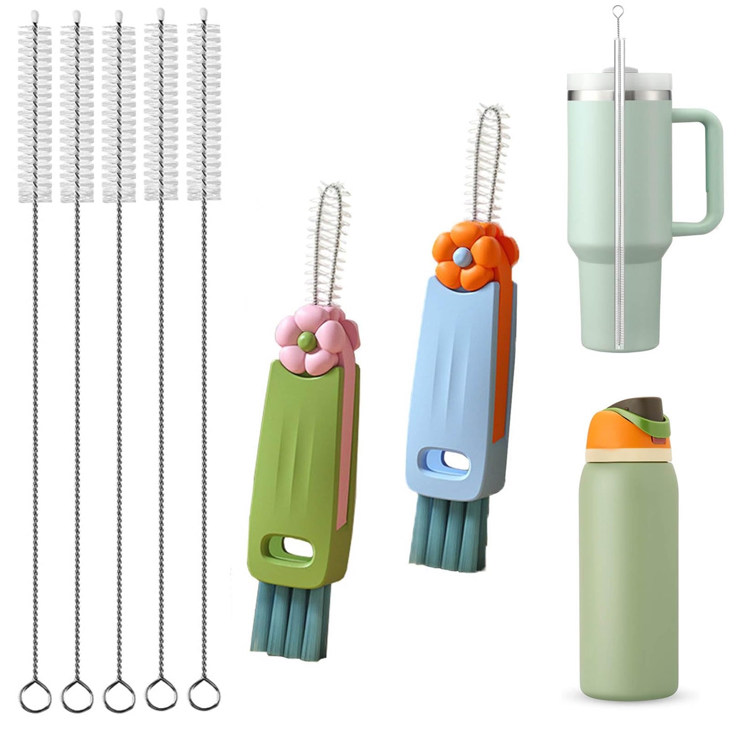 Straw Cleaner Brush Extra Long 13 inch Set for Stanley Owala Water Bottle 40 oz 32 oz 30 oz Tumble Cup Accessories Straw Brush with 3 in 1 Cup Lid Cleaning Brush (Green,Blue)