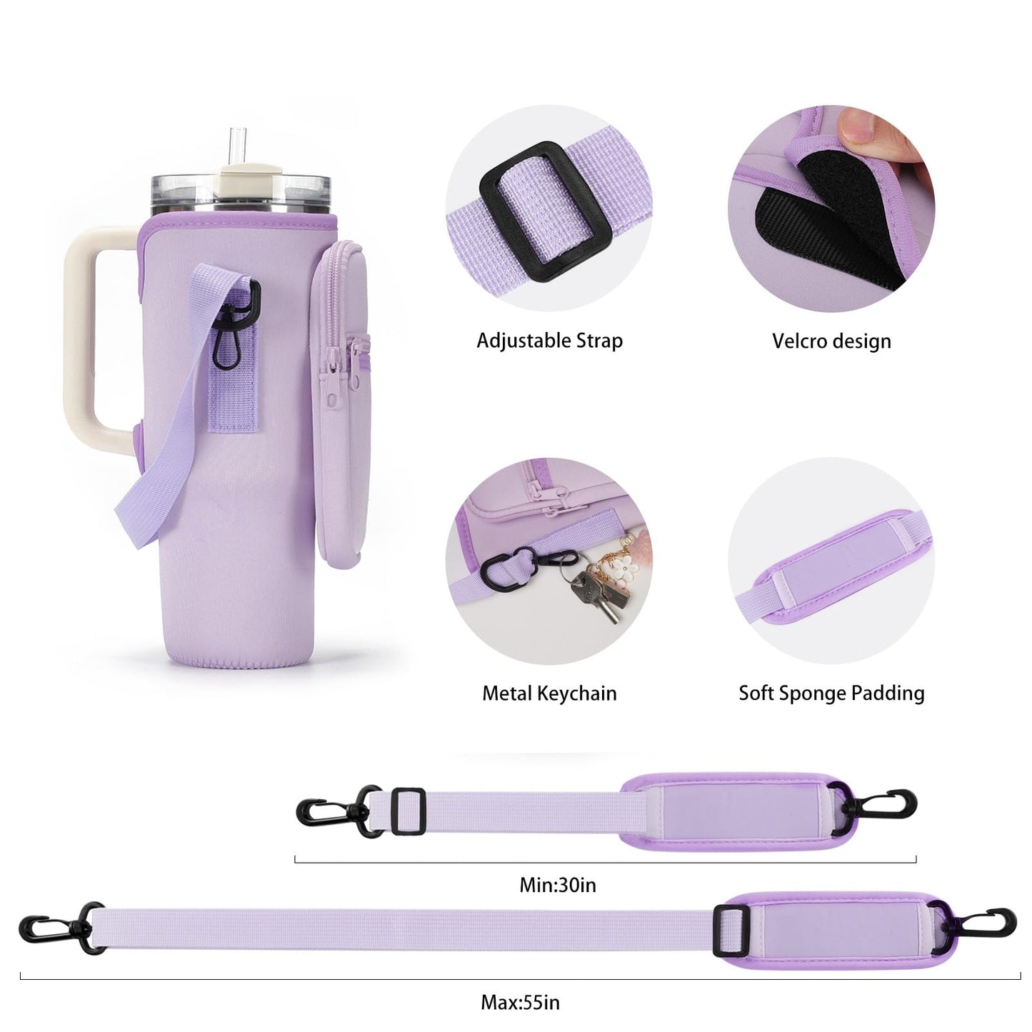 GOEWY Water Bottle Carrier Bag for Stanley 30 oz Tumbler with Phone Pocket Neoprene Water Bottle Holder with Shoulder & Handheld Strap Stanley Cup Accessories
