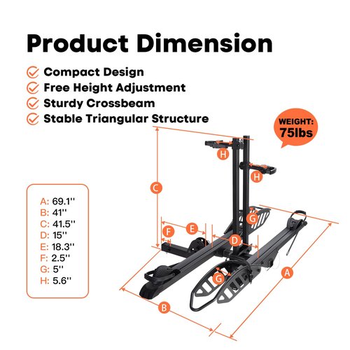 CRAVOT EBike Rack with Ramp, 200 lbs Capacity Heavy Bike Rack Electric Bike Carrier for 2 E-Bike, Foldable Bike Racks for Tow Hitch Up to 5-inch Fat Tire 2'' Receiver