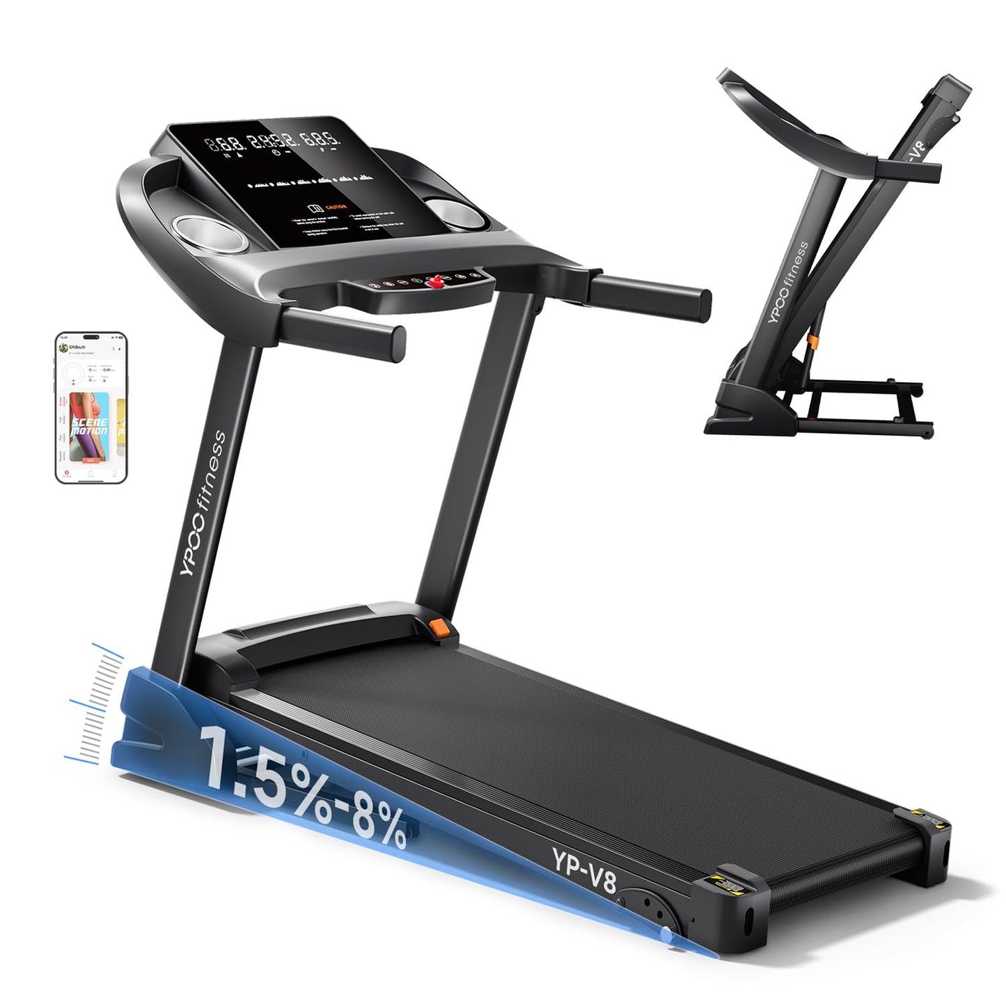 YPOO Treadmills for Home with Incline, Auto Foldable Running Treadmills, 8.0 MPH Walking Pad Treadmill with Bluetooth, 300 lbs Weight Capacity Quiet