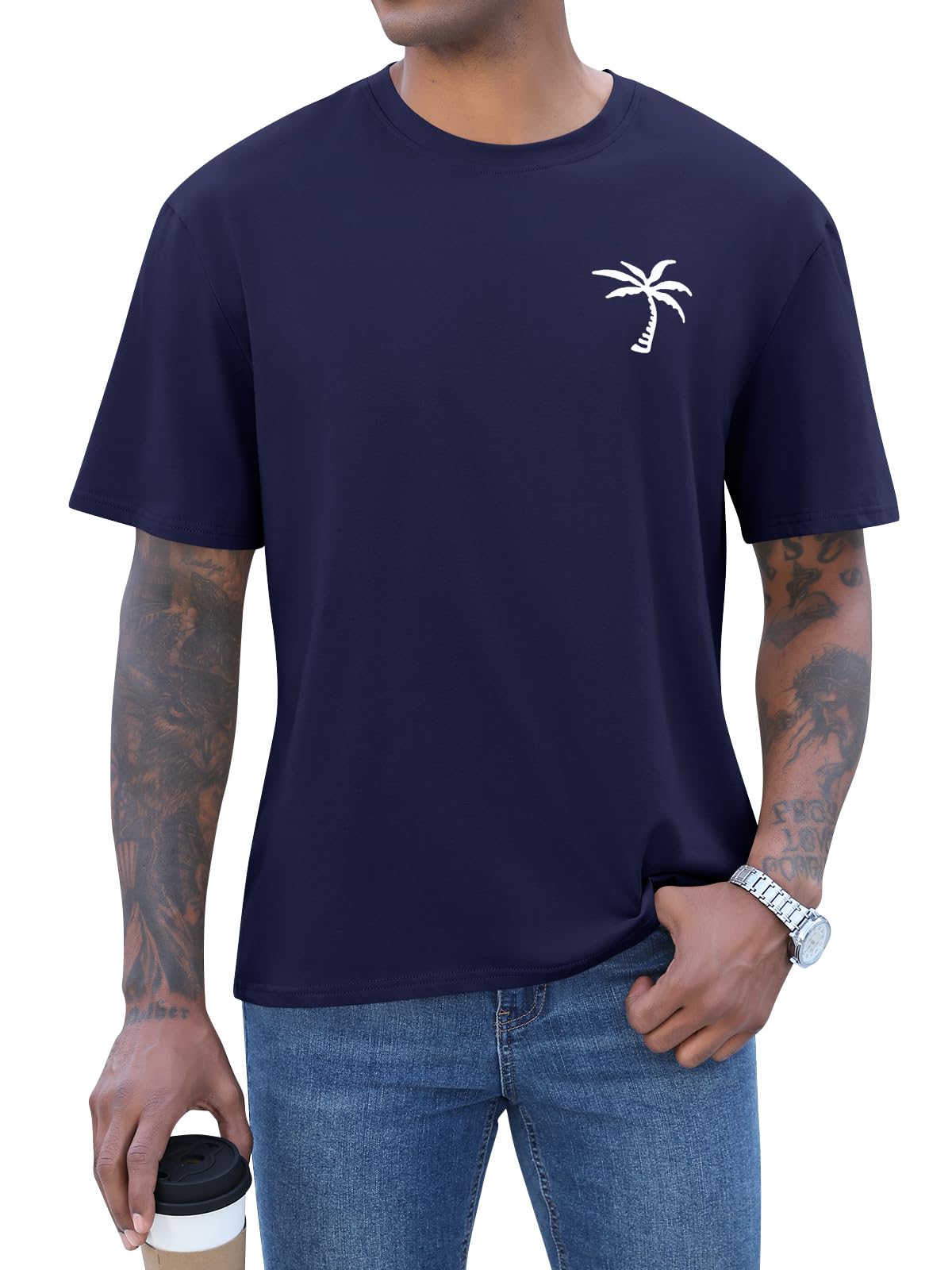 iudam Mens Short Sleeve T-Shirt Graphic Loose Fit Tee Crew Neck Palm Tree Summer Shirts (Navy Blue,XL)