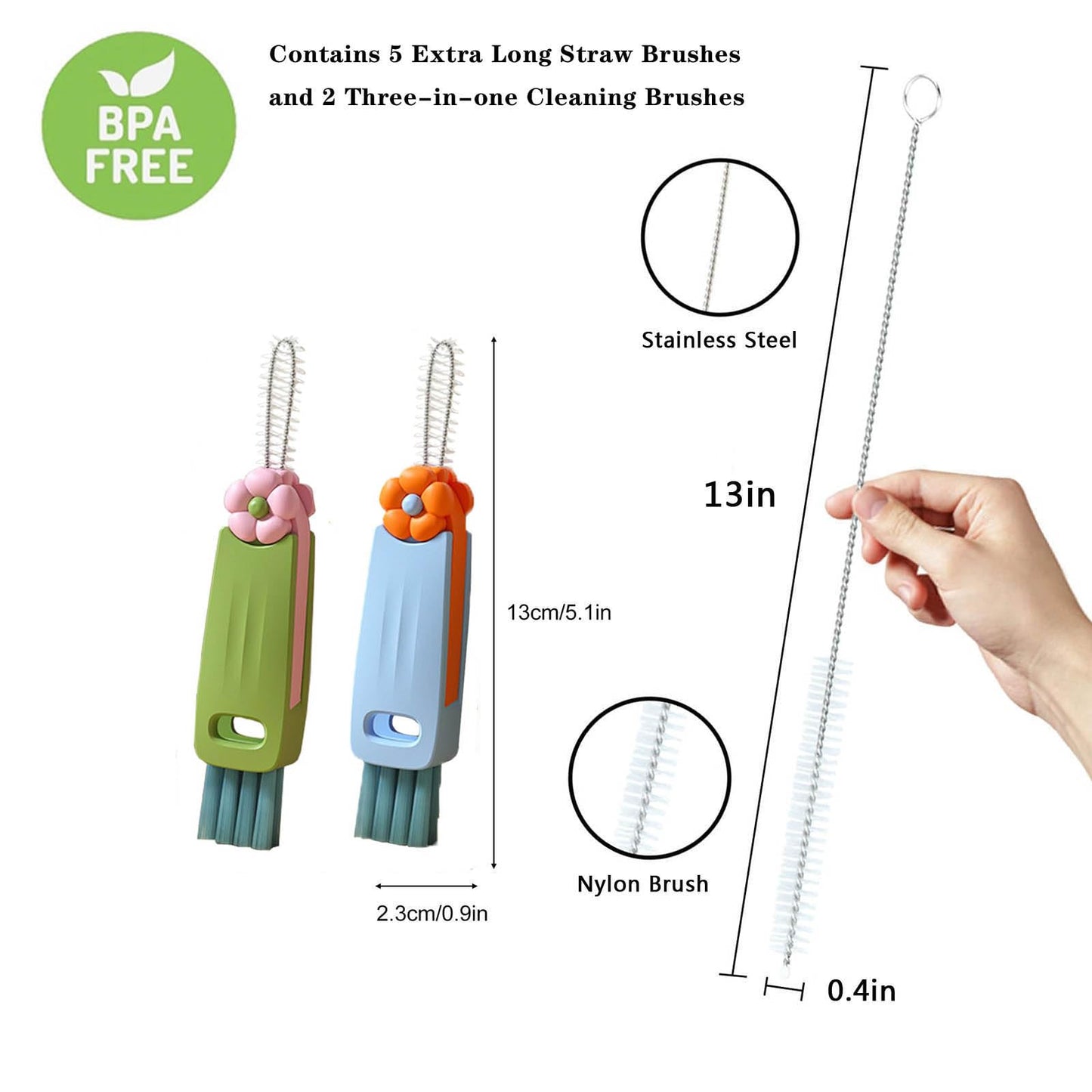 Straw Cleaner Brush Extra Long 13 inch Set for Stanley Owala Water Bottle 40 oz 32 oz 30 oz Tumble Cup Accessories Straw Brush with 3 in 1 Cup Lid Cleaning Brush (Green,Blue)