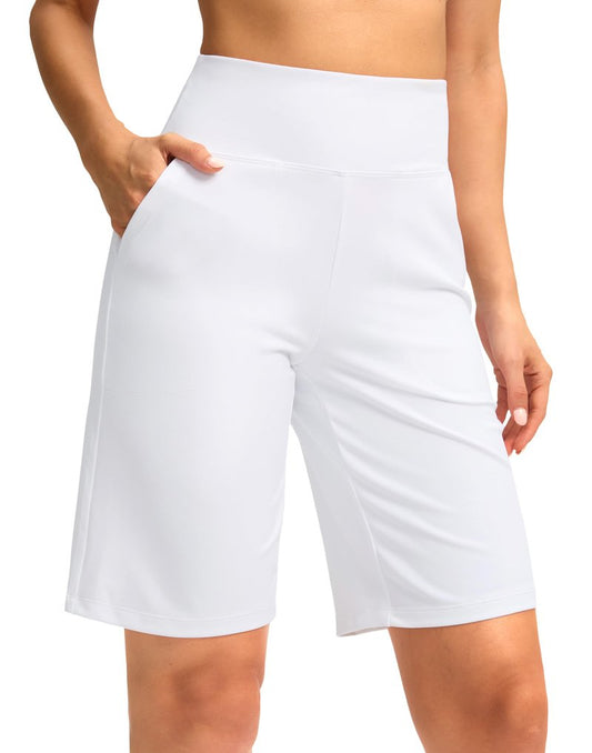 G Gradual Women's 10" Bermuda Shorts Knee Length with Pockets High Waisted Athletic Long Shorts for Casual Walking Running Yoga (White, L)