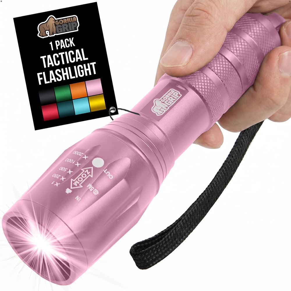 GORILLA GRIP Powerful LED 750 FT Water Resistant 5 Adjustable Mode Tactical Flashlight, High Lumens Ultra Bright Battery Life Zoom Flashlights, Small Camping Car Mini Flash Light Accessories, Pink