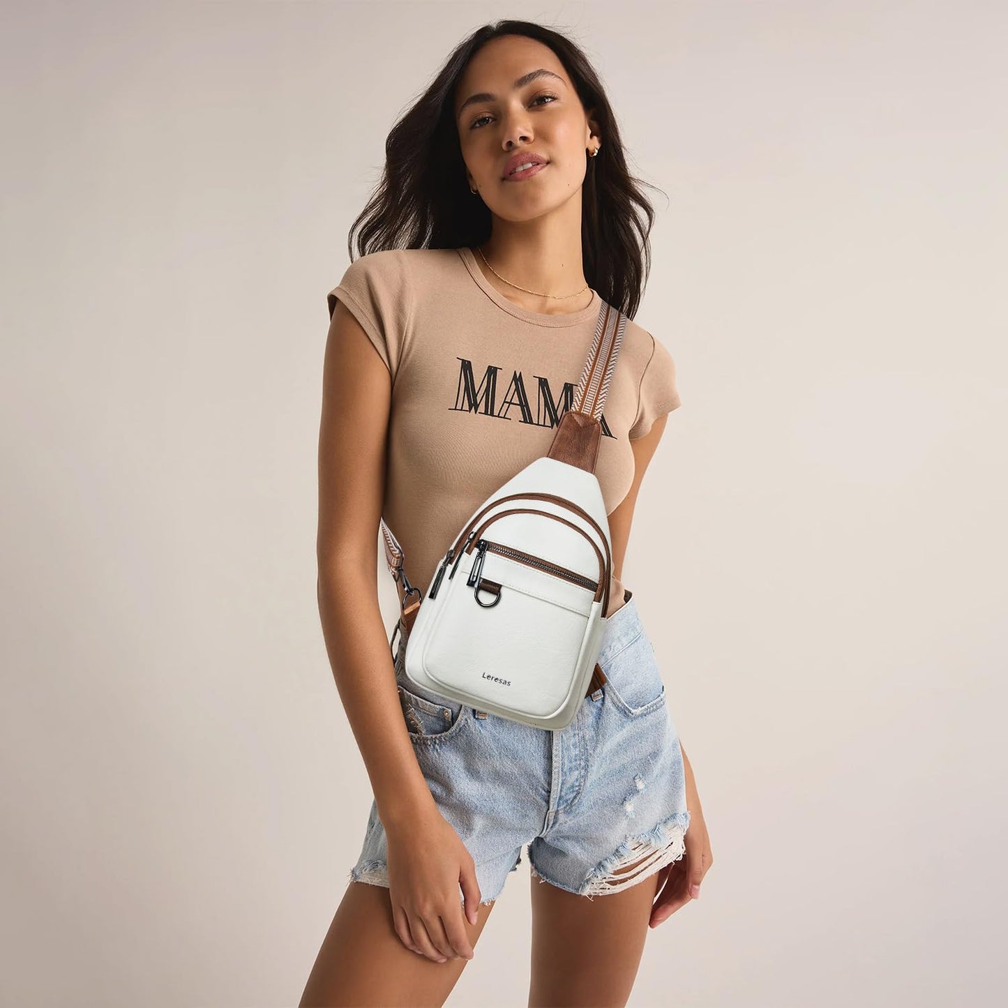 Leresas Sling Bag for Women Crossbody Bags Fanny Packs Sling Purses Backpack Vegan Leather Over the Shoulder Bag Trendy Gifts Handbag Travel Purse Beige