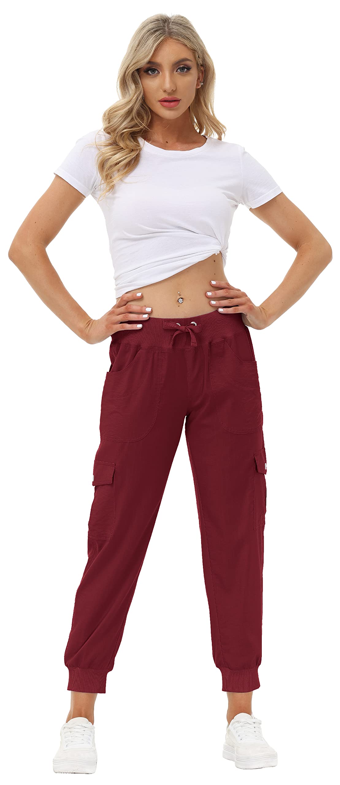 MoFiz Hiking Cargo Pants for Women with Pockets Lightweight Quick Dry Athletic Outdoor Summer Travel Casual Joggers Sweatpants Wine Red 4XL
