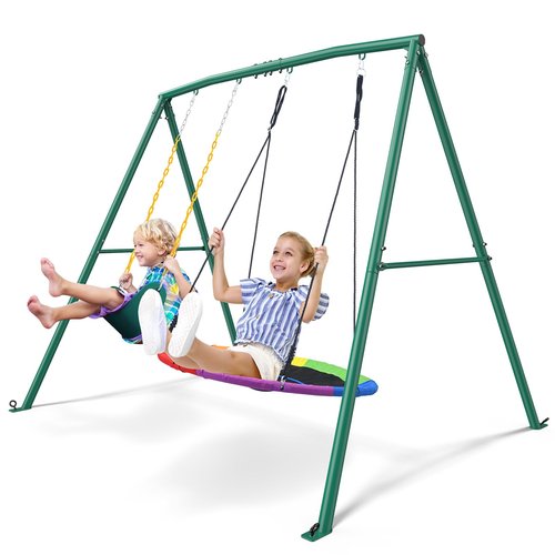 Trekassy 440lbs 2 Seat Swing Sets for Backyard, 1 Saucer Swing and 1 Belt Swing with Heavy Duty Outdoor A-Frame Metal Swing Stand for Playground, Playset