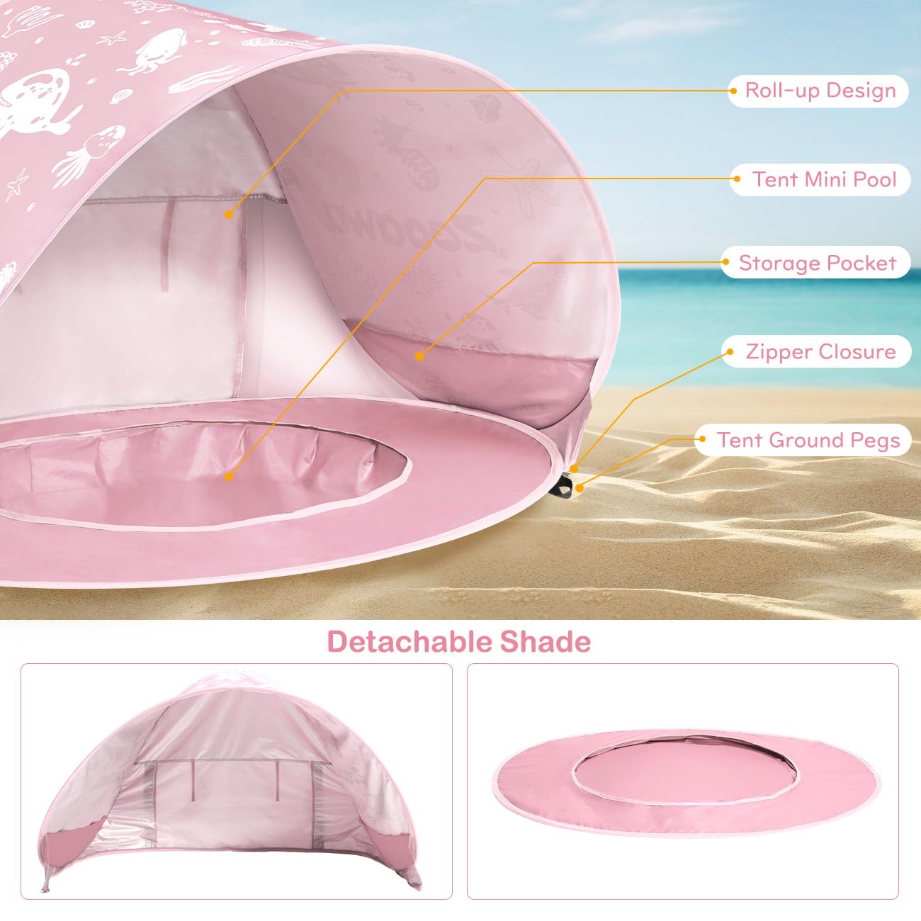 Zooawa Baby Beach Tent, Pop Up Beach Tent Sun Shade, Portable Shade Pool UV Protection Sun Shelter for Infant with Sand Toys Set, Light Pink