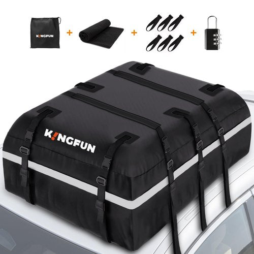 Kingfun Rooftop Cargo Carrier - Waterproof 20 Cubic Feet Car Roof Bag for All Vechicles with/Without Racks, Includes Anti-Slip Mat, 8 Reinforced Straps, 6 Door Hooks, Luggage Lock (Black)