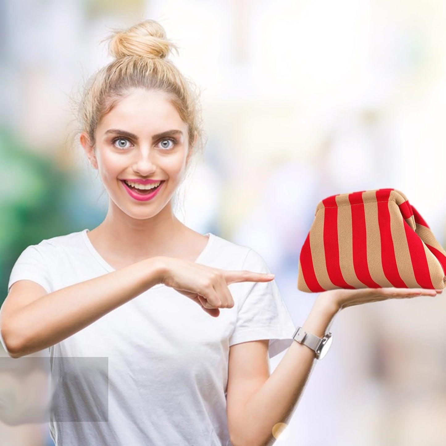 Vpoofree Woven Clutch Purses for Woman,Summer Beach Purse for Vacation, Woven Striped Dumpling Bag,Crochet Evening Handbag (Red-brown Stripe Woven Clutch Purses)